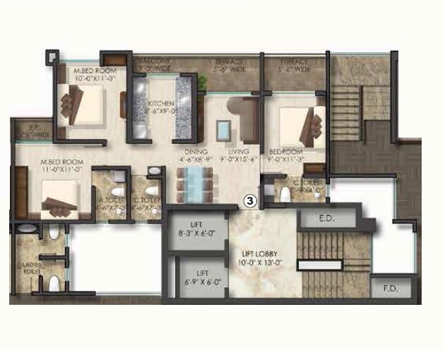 3 BHK 1227 Sq. Ft. Apartment