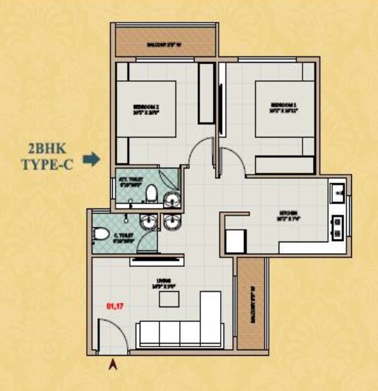 Floor plan of 2 BHK 577 Sq. Ft. Apartment in Raj Tulsi Aagman, Thane