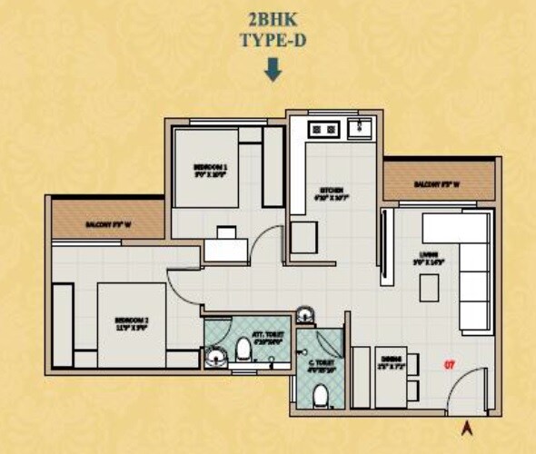 Floor plan of 2 BHK 630 Sq. Ft. Apartment in Raj Tulsi Aagman, Thane
