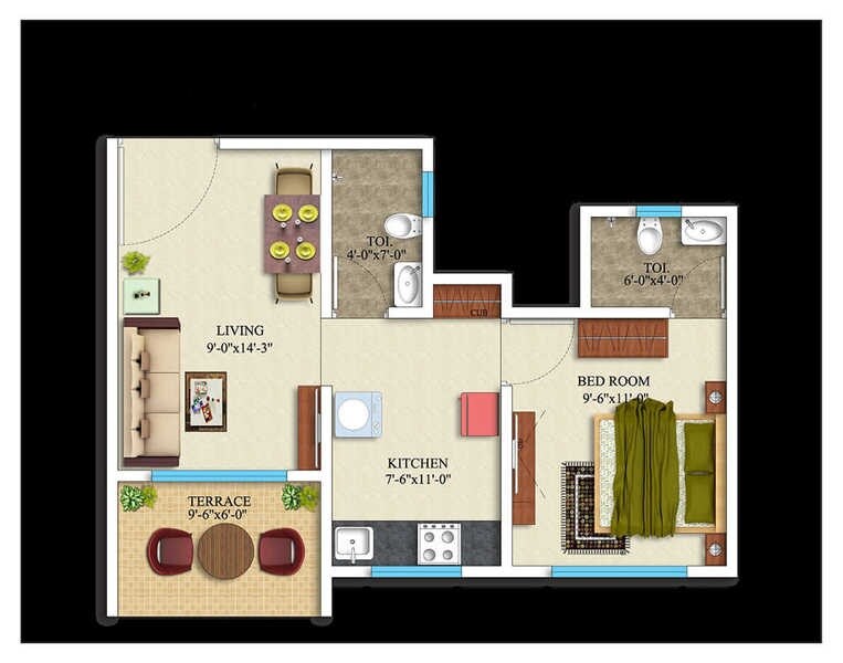 Floor plan of 1 BHK 300 Sq. Ft. Apartment in Raj Tulsi Aahan, Thane