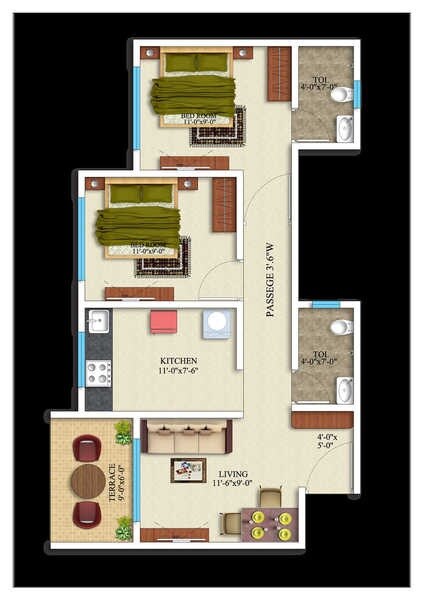 Floor plan of 2 BHK 480 Sq. Ft. Apartment in Raj Tulsi Aahan, Thane