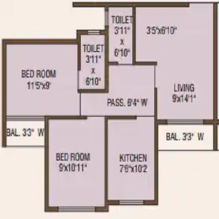Floor plan of 2 BHK 544 Sq. Ft. Apartment in Raj Tulsi Aanand, Thane