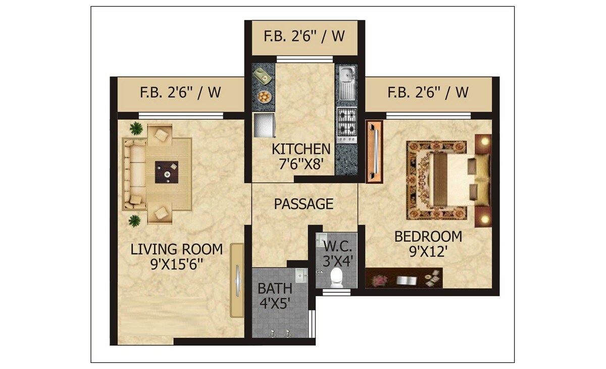 Floor plan of 1 BHK 610 Sq. Ft. Apartment in Raj Tulsi Aarambh, Thane