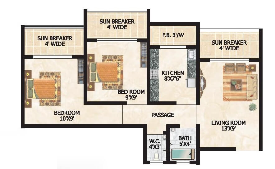 Floor plan of 2 BHK 820 Sq. Ft. Apartment in Raj Tulsi City, Thane