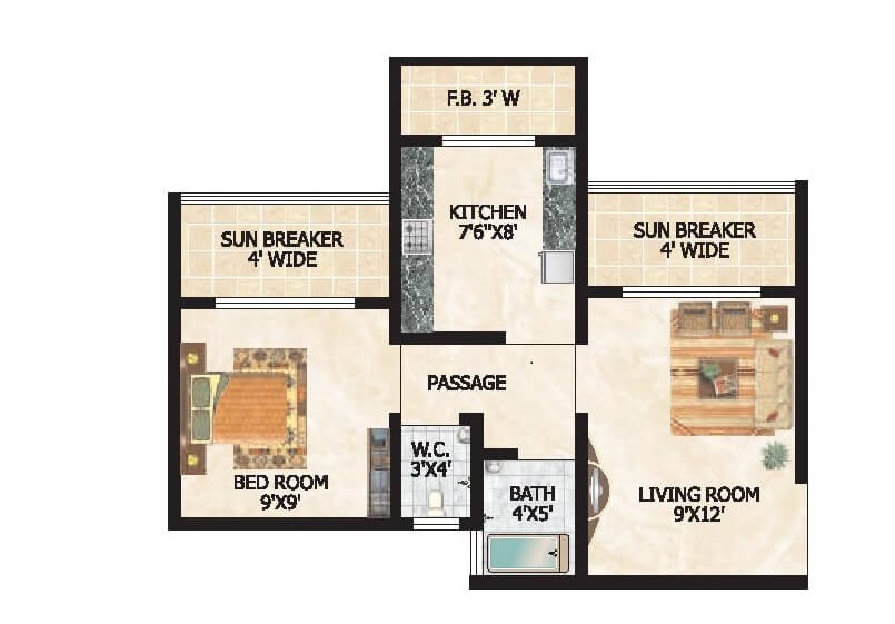 Floor plan of 1 BHK 610 Sq. Ft. Apartment in Raj Tulsi City Phase I, Thane