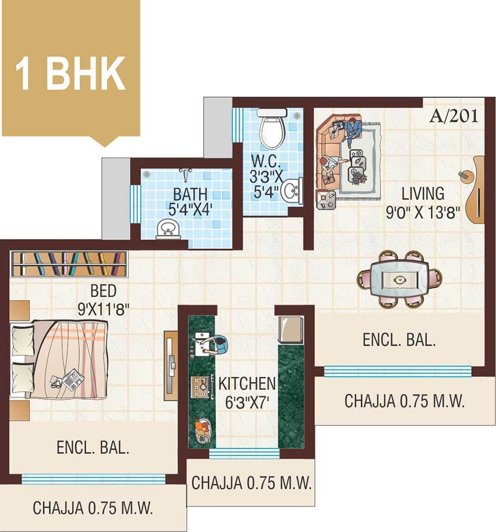 Floor plan of 1 BHK Apartment - 340 sq. ft. in Raj Tulsi V City Vivaan, Thane
