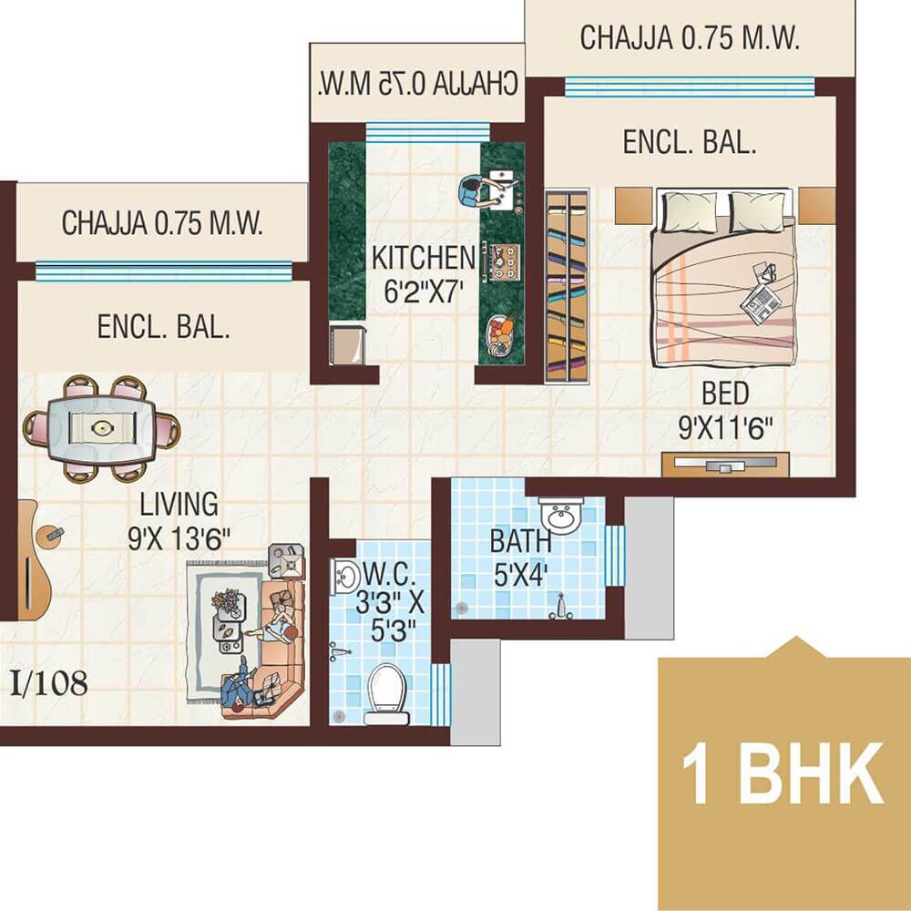 Floor plan of 1 BHK Apartment - 345 sq. ft. in Raj Tulsi V City Vivaan, Thane