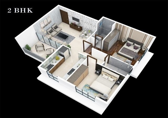 Floor plan of 2 BHK 680 Sq. Ft. Apartment in Raj Urbania, Thane