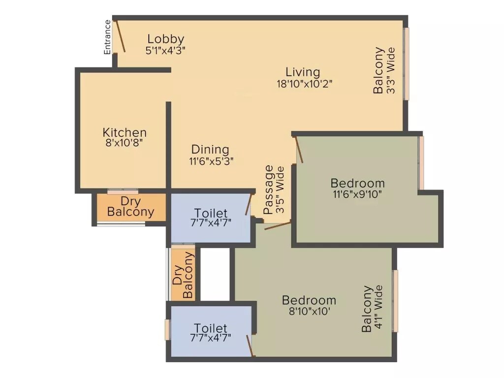 Floor plan of 2 BHK 723 Sq. Ft. Apartment in Rajesh Raj Torres, Thane
