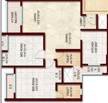 Floor plan of 2 BHK 743 Sq. Ft. Apartment in Rajesh Raj Torres, Thane