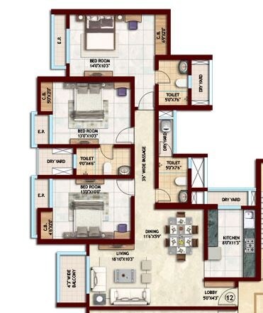Floor plan of 3 BHK 1030 Sq. Ft. Apartment in Rajesh Raj Torres, Thane