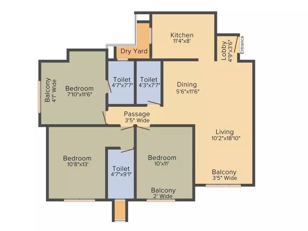 Floor plan of 3 BHK 958 Sq. Ft. Apartment in Rajesh Raj Torres, Thane