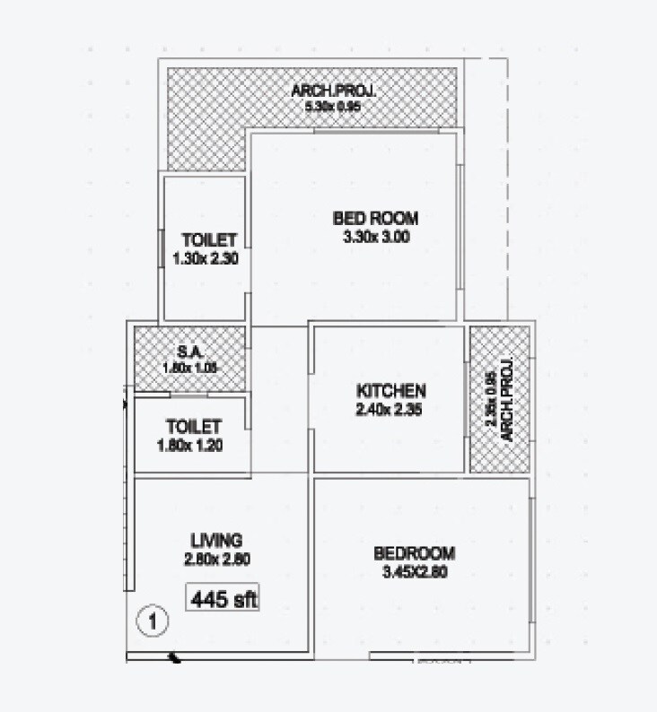 Floor plan of 1 BHK 445 Sq. Ft. Apartment in Raj Nilyog Apartment, Thane
