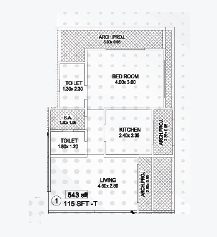 Floor plan of 1 BHK 543 Sq. Ft. Apartment in Raj Nilyog Apartment, Thane