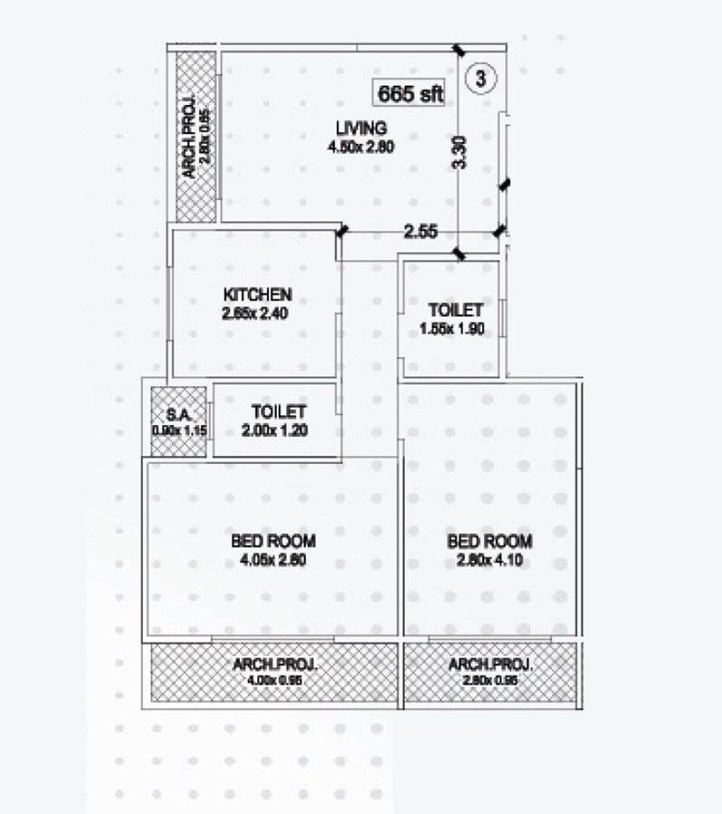 Floor plan of 2 BHK 665 Sq. Ft. Apartment in Raj Nilyog Apartment, Thane