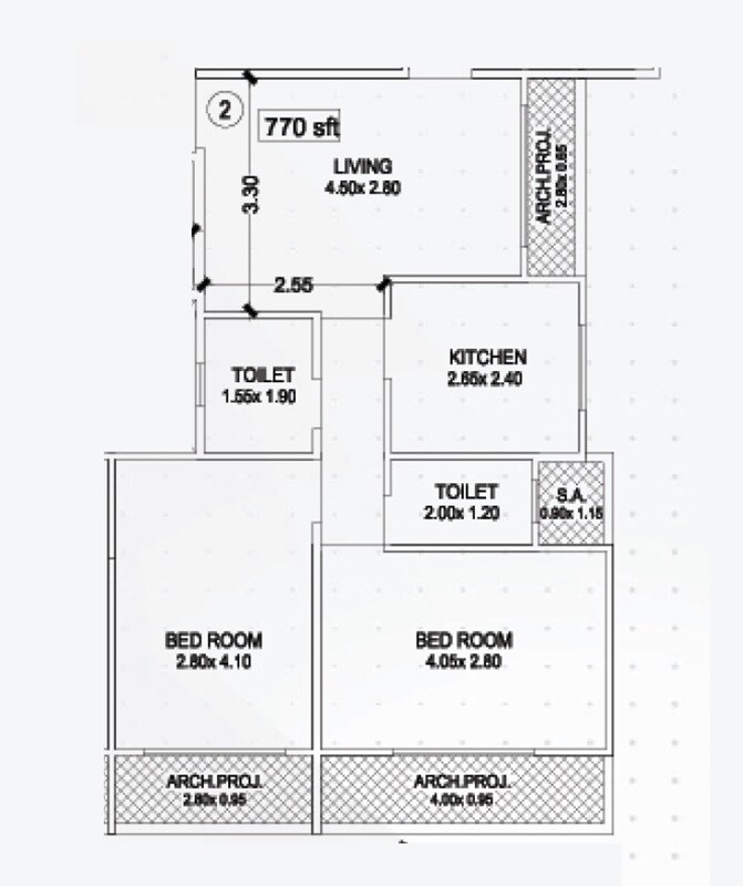 Floor plan of 2 BHK 770 Sq. Ft. Apartment in Raj Nilyog Apartment, Thane