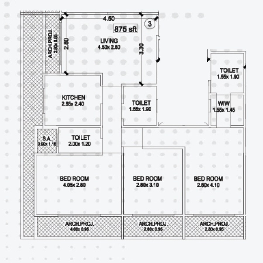 Floor plan of 3 BHK 875 Sq. Ft. Apartment in Raj Nilyog Apartment, Thane