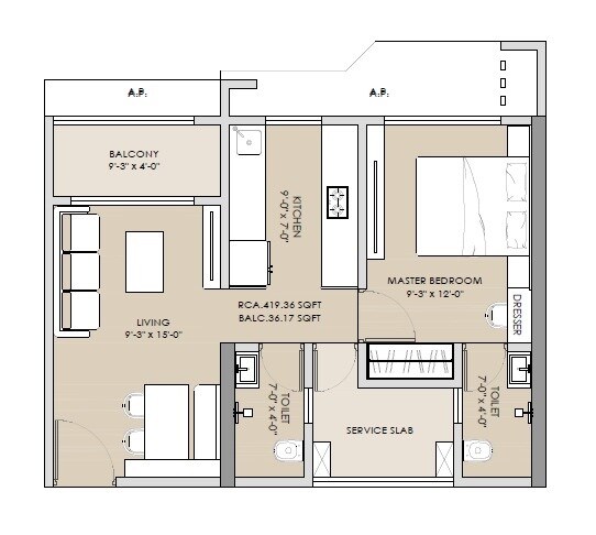 Floor plan of 1 BHK 462 Sq. Ft. Apartment in Ramdev Avighna Sky, Thane