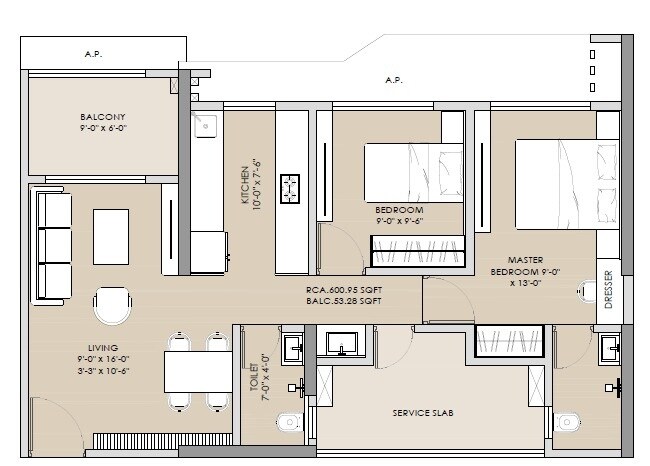 Floor plan of 2 BHK 661 Sq. Ft. Apartment in Ramdev Avighna Sky, Thane
