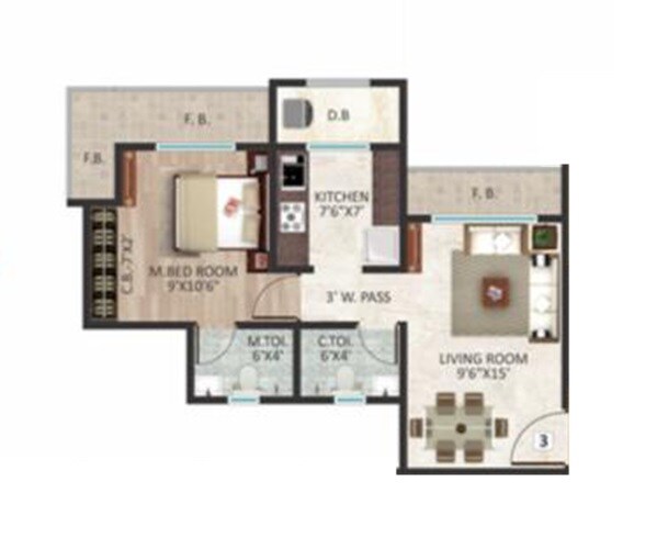 Floor plan of 1 BHK 419 Sq. Ft. Apartment in Ramdev Silver Square, Thane
