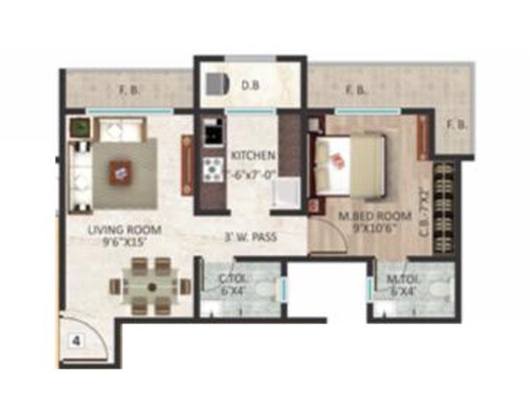 Floor plan of 1 BHK 430 Sq. Ft. Apartment in Ramdev Silver Square, Thane