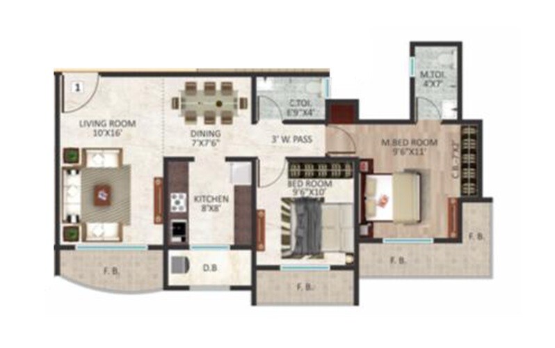 Floor plan of 2 BHK 656 Sq. Ft. Apartment in Ramdev Silver Square, Thane