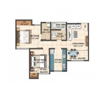 Floor plan of 2 BHK 570 Sq. Ft. Apartment in Rameshwar Park, Thane