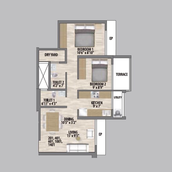Floor plan of 2 BHK 439 Sq. Ft. Apartment in Rashi 27 East, Thane