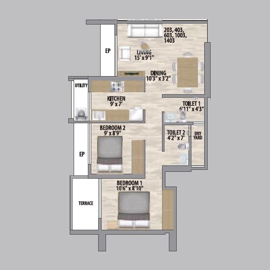 Floor plan of 2 BHK 575 Sq. Ft. Apartment in Rashi 27 East, Thane