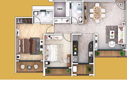 Floor plan of 2 BHK 834 Sq. Ft. Apartment in Rassaz Greens, Thane