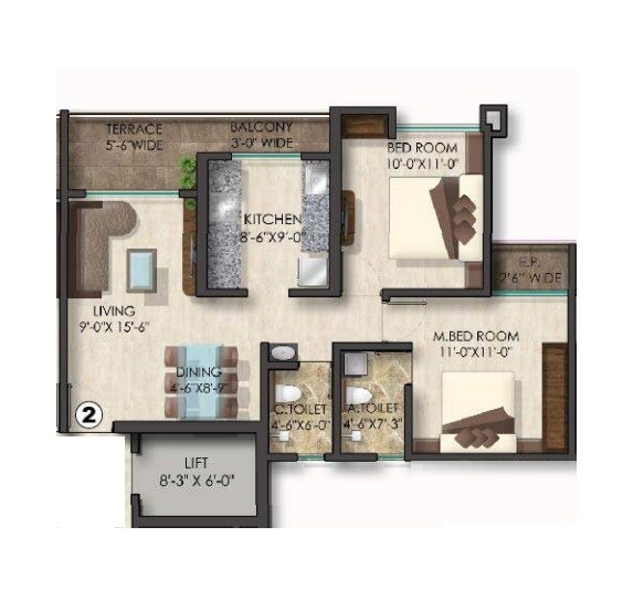 Floor plan of 2 BHK 700 Sq. Ft. Apartment in Rattanraj Trinity Rudra, Thane