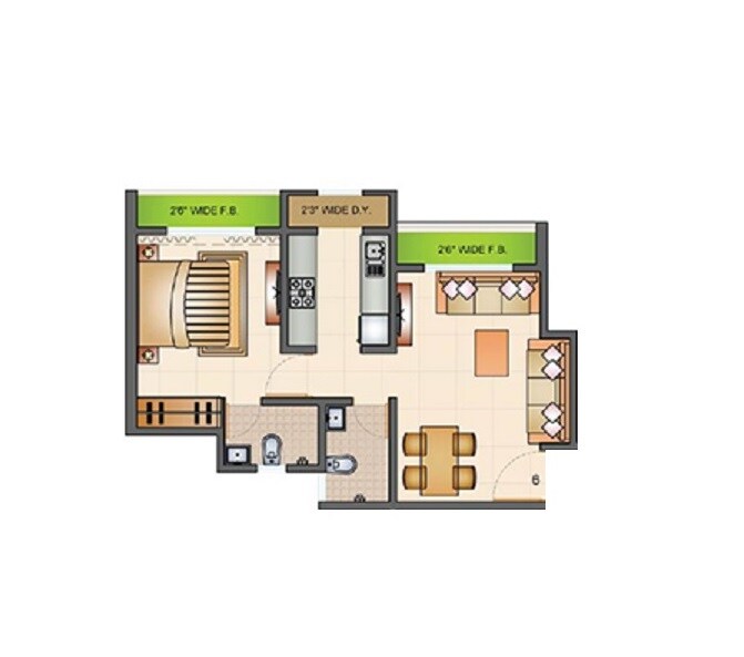 Floor plan of 1 BHK 370 Sq. Ft. Apartment in Raunak Bliss, Thane