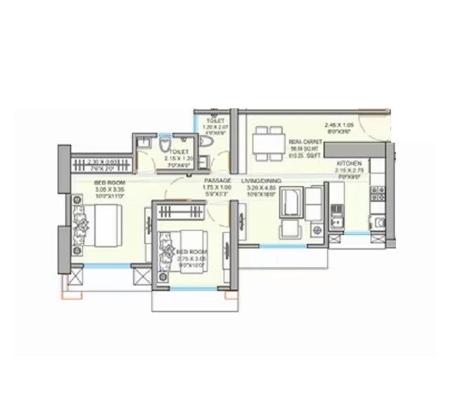 Floor plan of 2 BHK 605 Sq. Ft. Apartment in Raunak Bliss B1, Thane