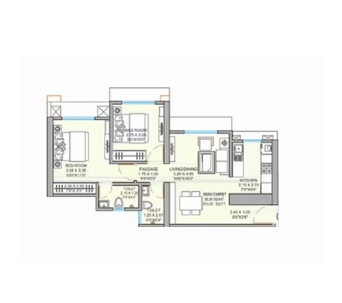 Floor plan of 2 BHK 620 Sq. Ft. Apartment in Raunak Bliss B1, Thane