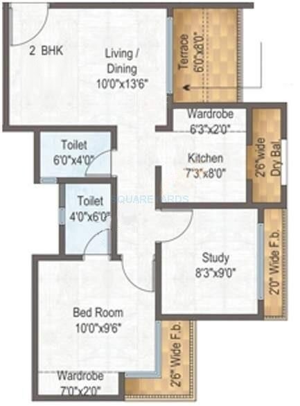 Floor plan of 1 BHK 1000 Sq. Ft. Apartment in Raunak City, Thane