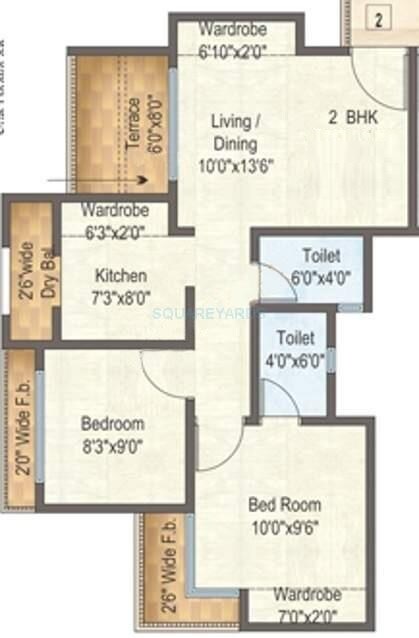 Floor plan of 2 BHK 982 Sq. Ft. Apartment in Raunak City, Thane