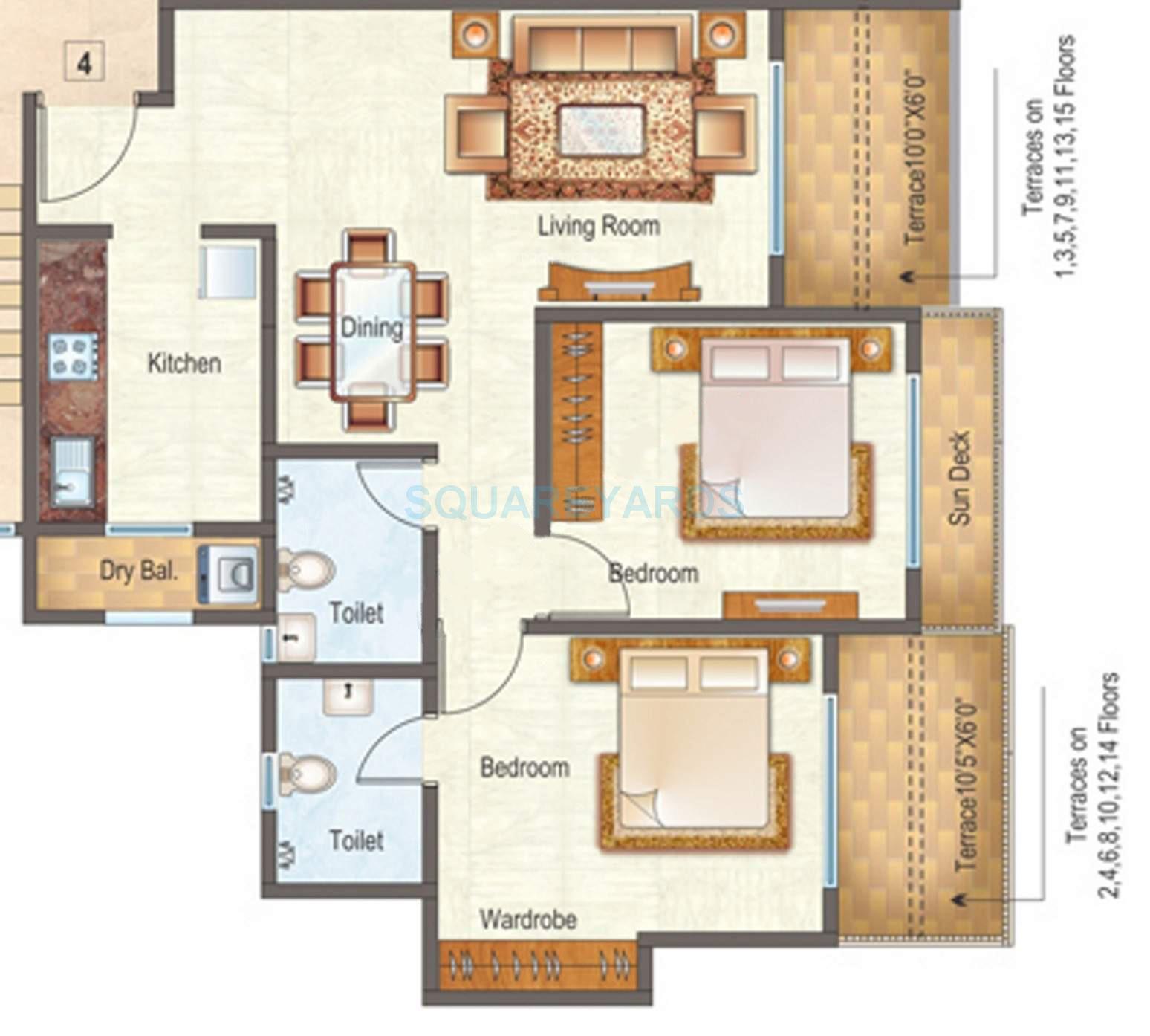 Floor plan of 2 BHK 602 Sq. Ft. Apartment in Raunak City, Thane