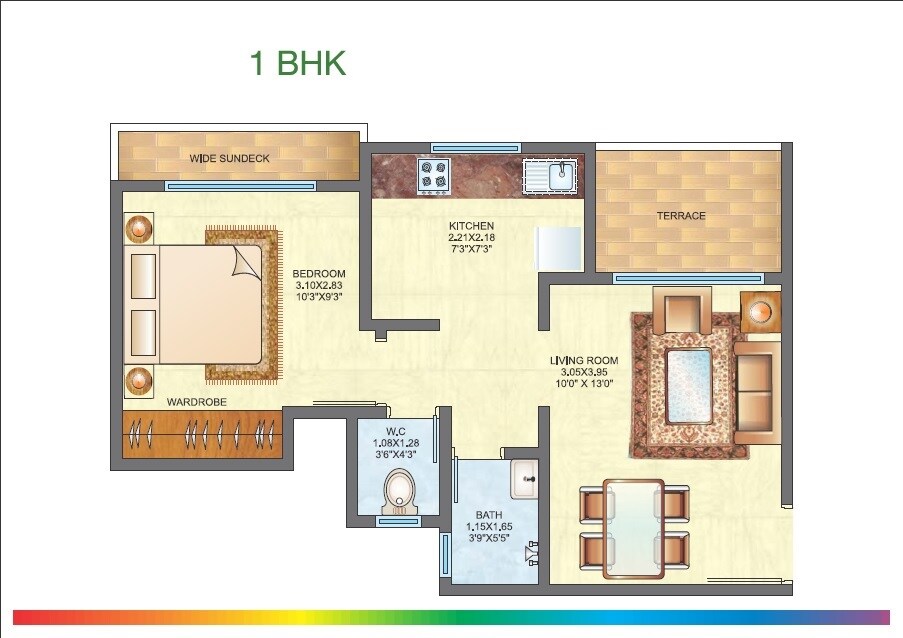 Floor plan of 1 BHK 391 Sq. Ft. Apartment in Raunak City Sector 2 B7, Thane