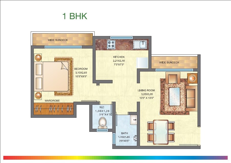 Floor plan of 1 BHK 368 Sq. Ft. Apartment in Raunak City Sector 4, Thane