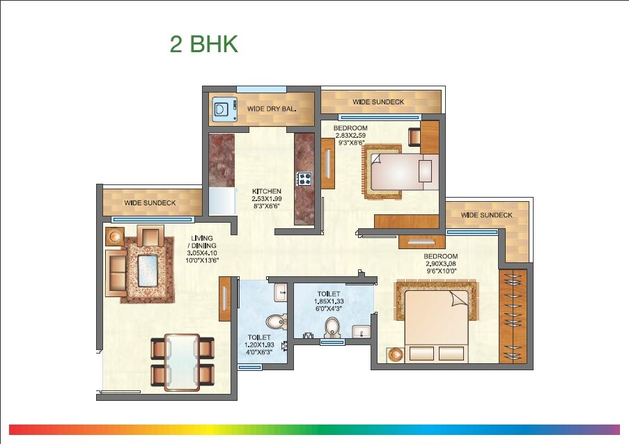Floor plan of 2 BHK 493 Sq. Ft. Apartment in Raunak City Sector 4, Thane