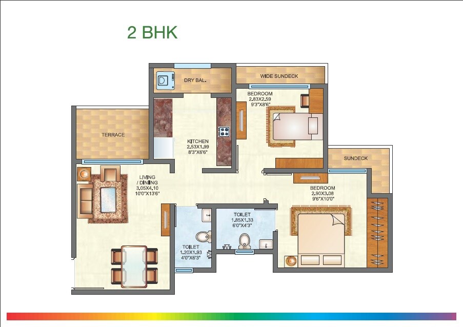 Floor plan of 2 BHK 508 Sq. Ft. Apartment in Raunak City Sector 4, Thane