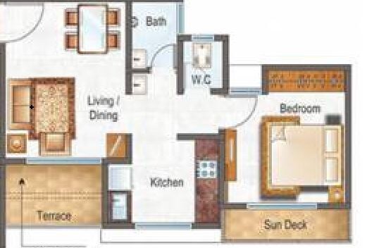 Floor plan of 1 BHK 368 Sq. Ft. Apartment in Raunak City Sector 4 D2, Thane