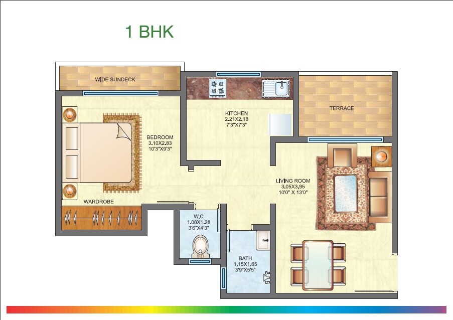 Floor plan of 1 BHK 329 Sq. Ft. Apartment in Raunak City Sector 4 D8, Thane