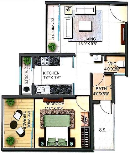 Floor plan of 1 BHK 330 Sq. Ft. Apartment in Raunak Codename Urban Centre, Thane