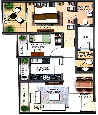 Floor plan of 2 BHK 493 Sq. Ft. Apartment in Raunak Codename Urban Centre, Thane