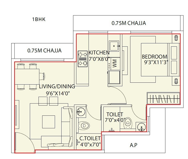 1 BHK 370 Sq. Ft. Apartment in Raunak Fortuna