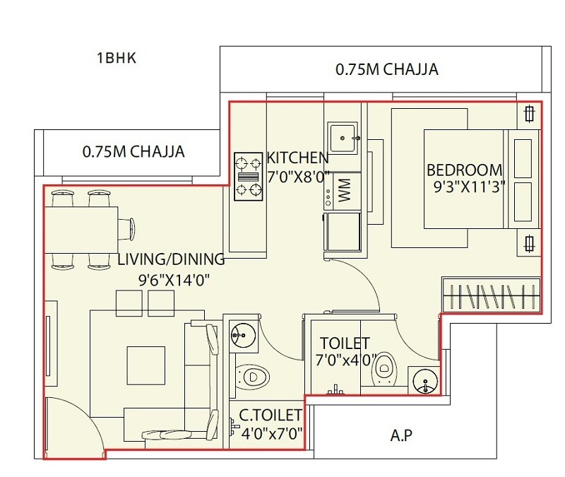 Floor plan of 1 BHK 386 Sq. Ft. Apartment in Raunak Fortuna, Thane