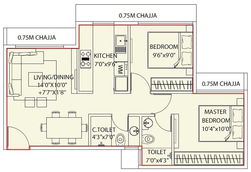 Floor plan of 2 BHK 525 Sq. Ft. Apartment in Raunak Fortuna, Thane