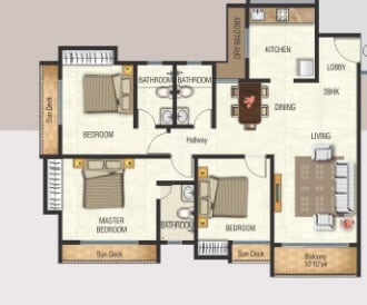 Floor plan of 3 BHK 1645 Sq. Ft. Apartment in Raunak Glory, Thane