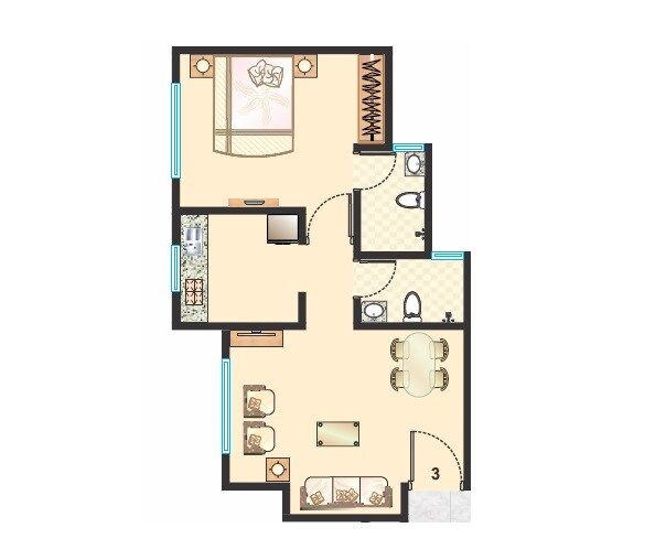 Floor plan of 1 BHK 340 Sq. Ft. Apartment in Raunak Heights, Thane